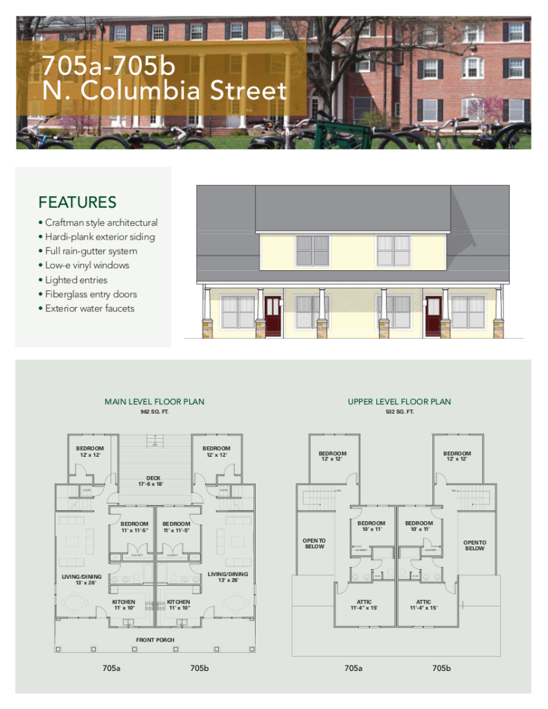 Floor plan and elevation for 705A and 705B Columbia Villas